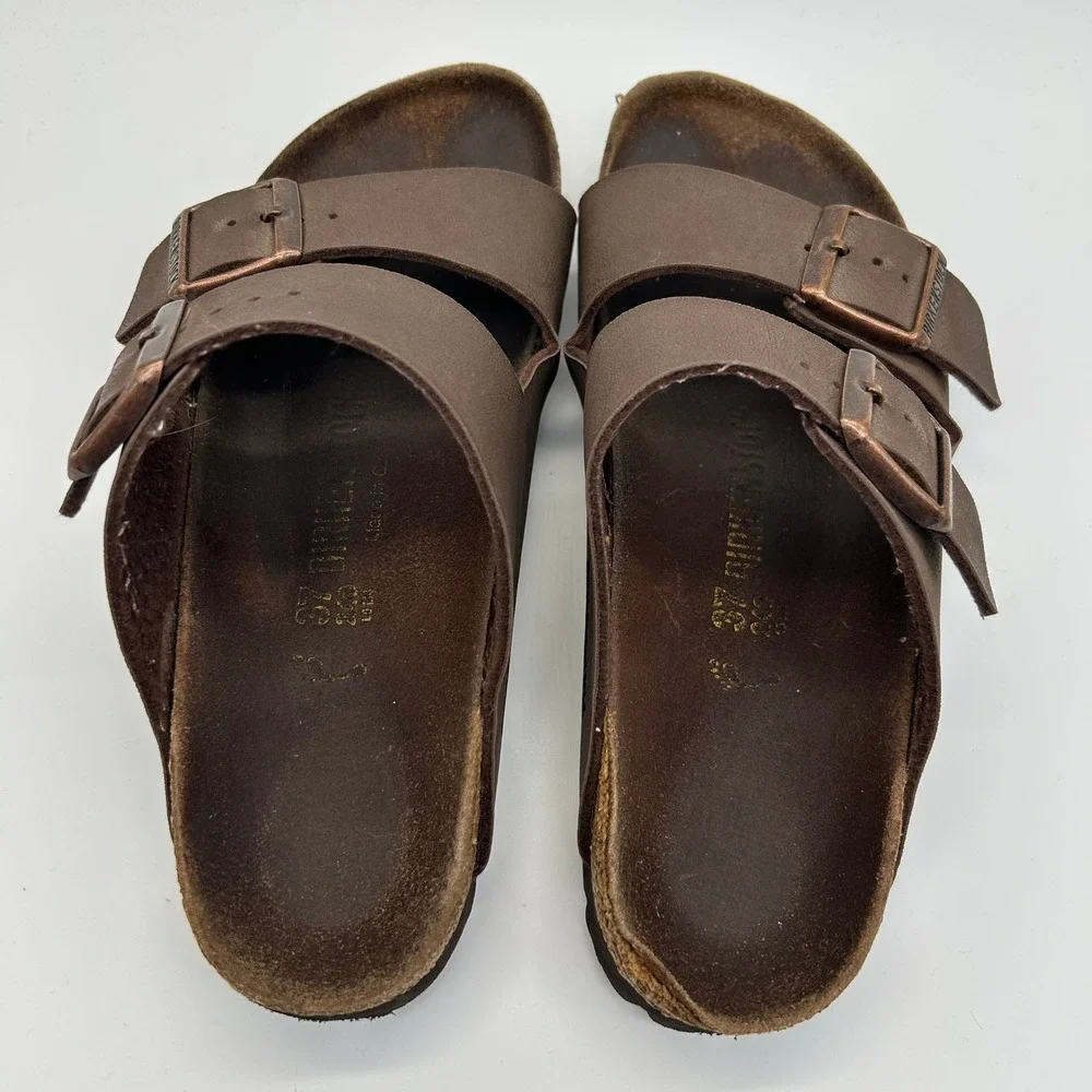 Birkenstock Arizona Sandals Womens 37 Brown Birko-Flor Two Strap Slide Comfort